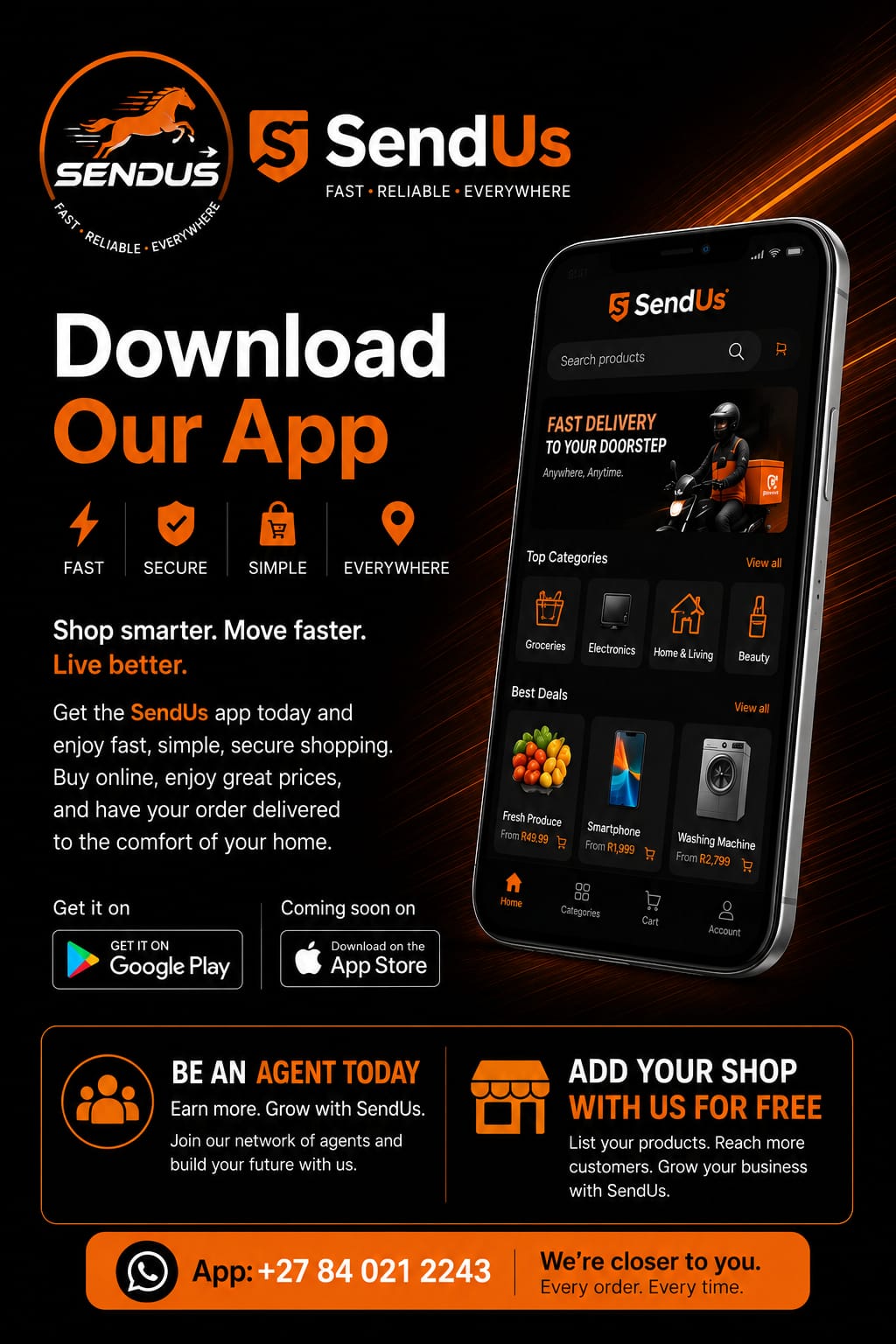 The SendUs mobile app shown on a smartphone with categories and deals